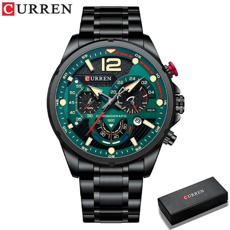 New Green Mens Watches Top Brand Luxury Stainless Steel Quartz Watch Men Sport Date Male Clock Waterproof Wristwatch