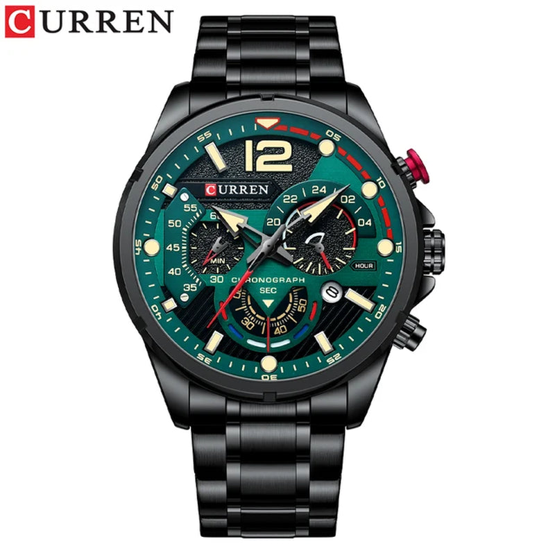 New Green Mens Watches Top Brand Luxury Stainless Steel Quartz Watch Men Sport Date Male Clock Waterproof Wristwatch