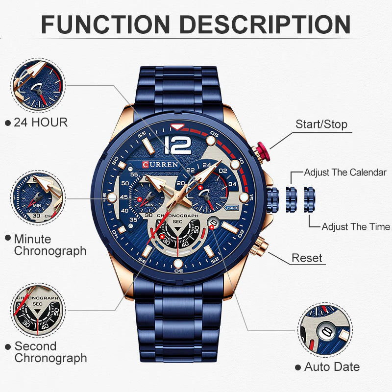 New Green Mens Watches Top Brand Luxury Stainless Steel Quartz Watch Men Sport Date Male Clock Waterproof Wristwatch