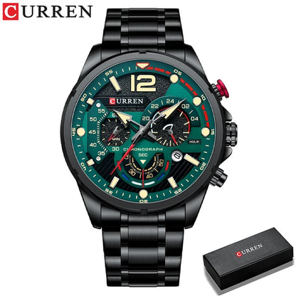 New Green Mens Watches Top Brand Luxury Stainless Steel Quartz Watch Men Sport Date Male Clock Waterproof Wristwatch
